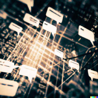 Digital art - futuristic image of a computer network with messages going between entities